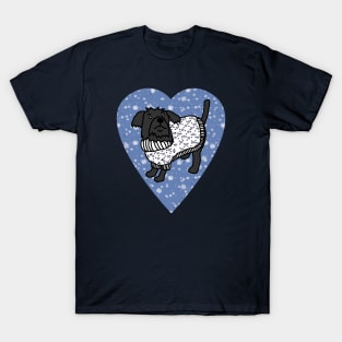 Cute Dog in Winter Sweater Blue Heart Valentines Day T-Shirt